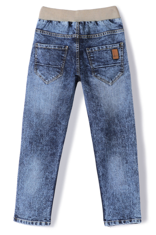 Chopper Club Boys Jeans | Slim Fit Premium Stretchable 3x1 Cotton Denim | Half Cotton Rib Elastic with Button, Zip & Drawstrings | Color - Half Rib Stone
