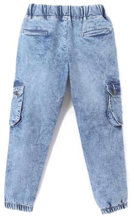 Chopper Club Boys Denim Cargo Joggers | Slim Fit Stretchable 3x1 Denim Jeans | 6-Pocket Cargo Pants | Color - Stone