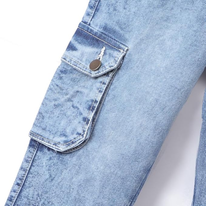 Chopper Club Boys Denim Cargo Joggers | Slim Fit Stretchable 3x1 Denim Jeans | 6-Pocket Cargo Pants | Color - Stone