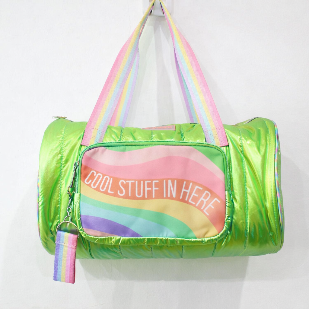 Kids Duffle Bag with Rainbow Design | Lightweight Travel & Sports Bag with “Cool Stuff In Here” Print | Shiny Green & Pastel Color Bag for Girls