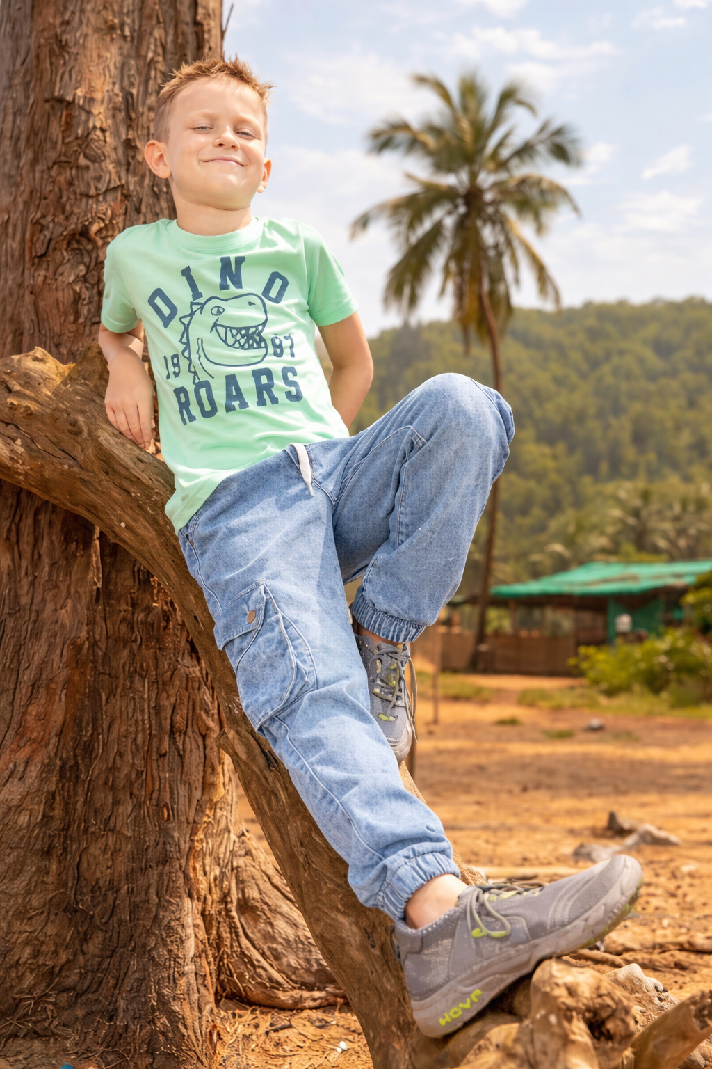 Chopper Club Boys Denim Cargo Joggers | Slim Fit Stretchable 3x1 Denim Jeans | 6-Pocket Cargo Pants | Color - Stone