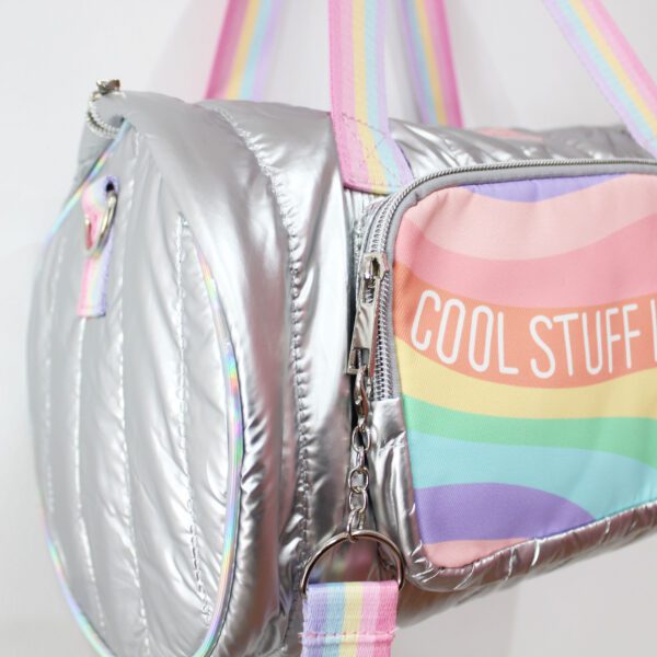 Kids Duffle Bag with Rainbow Design | Lightweight Travel & Sports Bag with “Cool Stuff In Here” Print | Shiny Green & Pastel Color Bag for Girls
