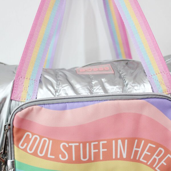 Kids Duffle Bag with Rainbow Design | Lightweight Travel & Sports Bag with “Cool Stuff In Here” Print | Shiny Green & Pastel Color Bag for Girls