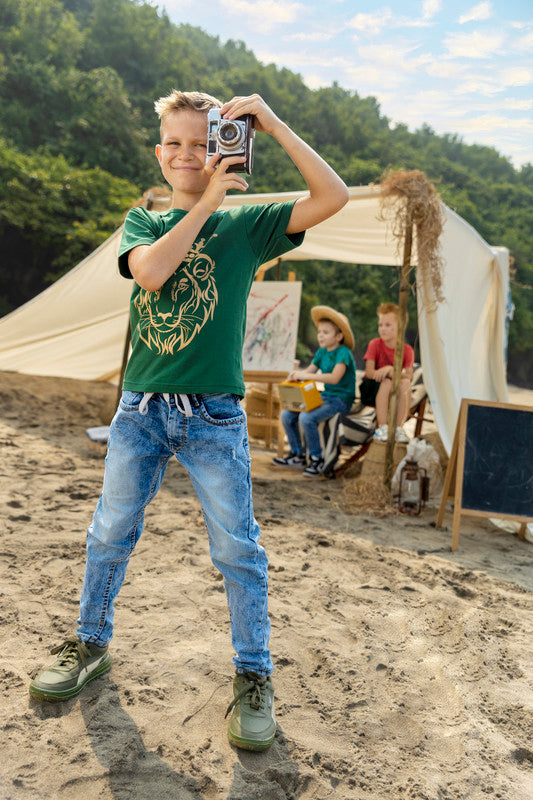 Chopper Club Boys Jeans | Slim Fit Premium Stretchable 3x1 Cotton Denim | Half Cotton Rib Elastic with Button, Zip & Drawstrings | Color - Half Rib Stone