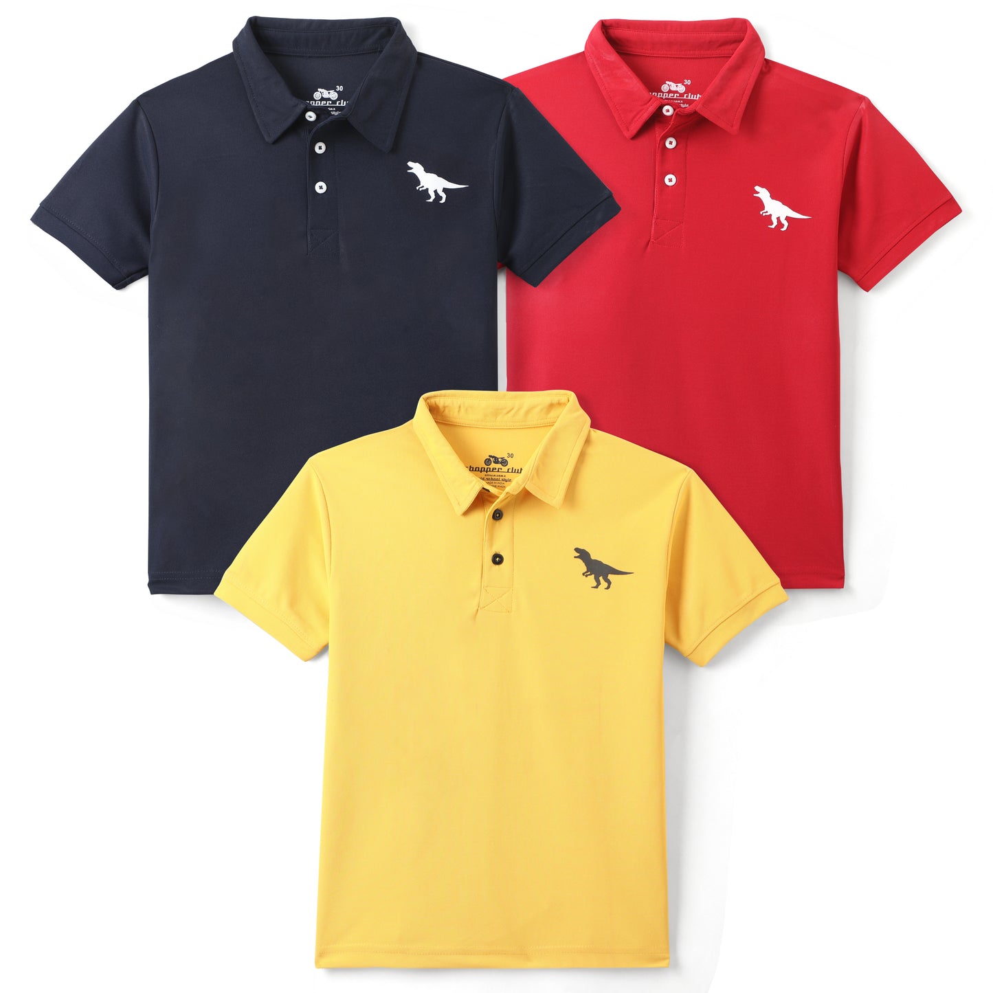 Chopper Club Boys Collar T-Shirts Pack of 3 | Regular Fit Pique Fabric Tees | Sizes 3–14 | Navy, Yellow & Red