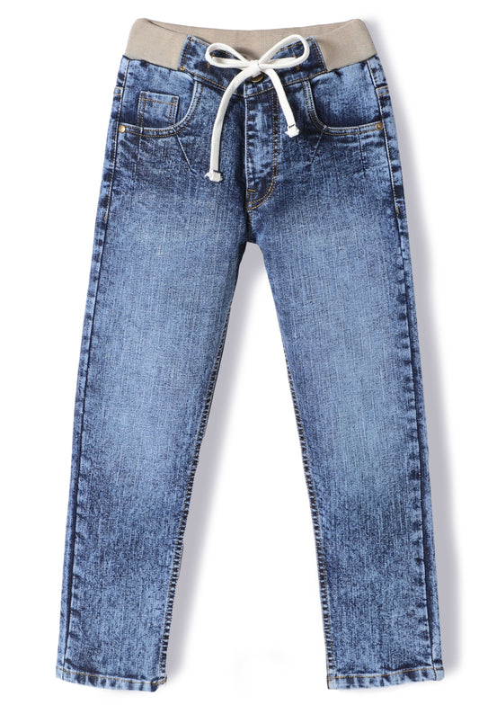 Chopper Club Boys Jeans | Slim Fit Premium Stretchable 3x1 Cotton Denim | Half Cotton Rib Elastic with Button, Zip & Drawstrings | Color - Half Rib Stone