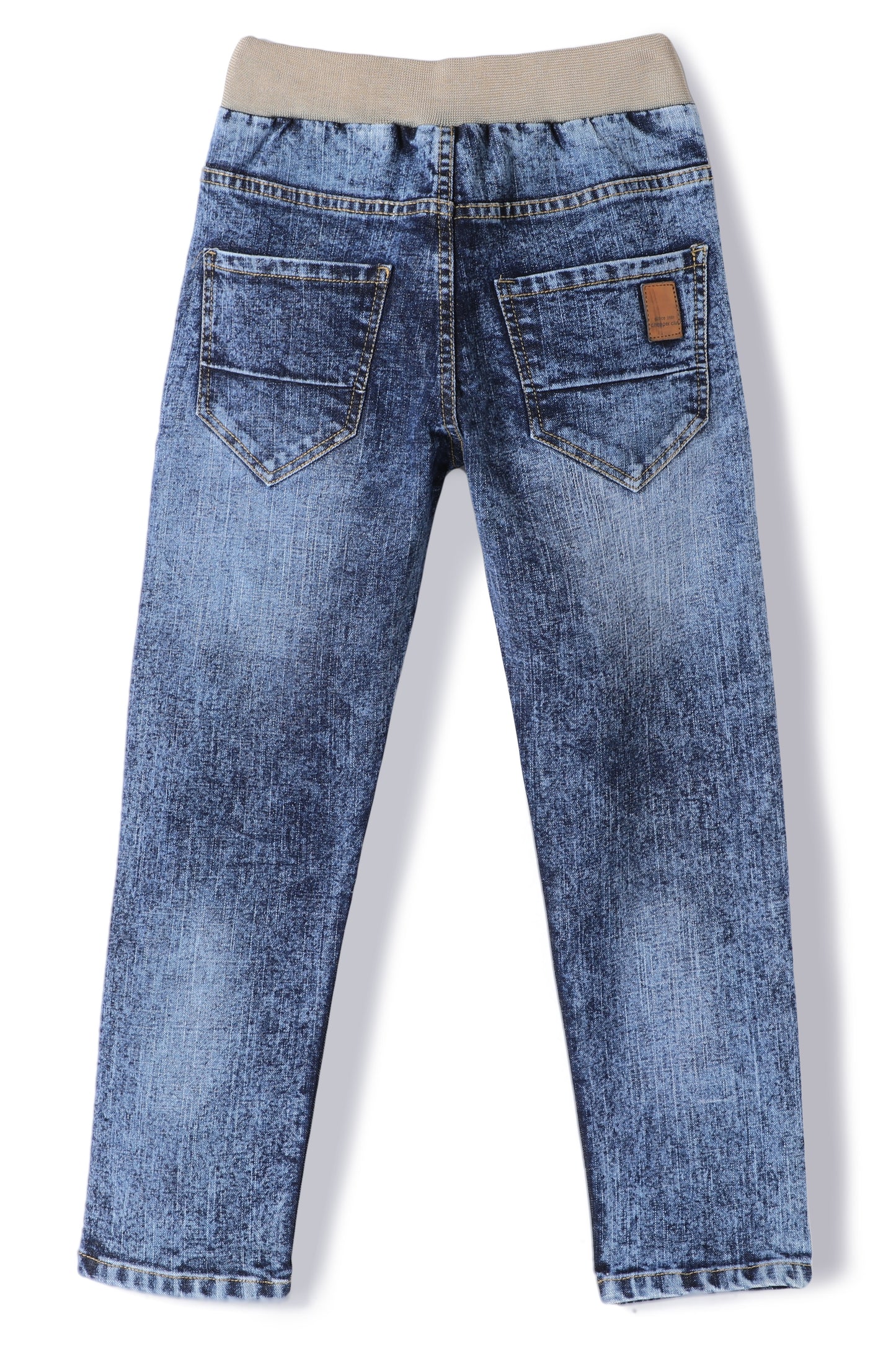Chopper Club Boys Jeans | Slim Fit Premium Stretchable 3x1 Cotton Denim | Half Cotton Rib Elastic with Button, Zip & Drawstrings | Color - Half Rib Stone