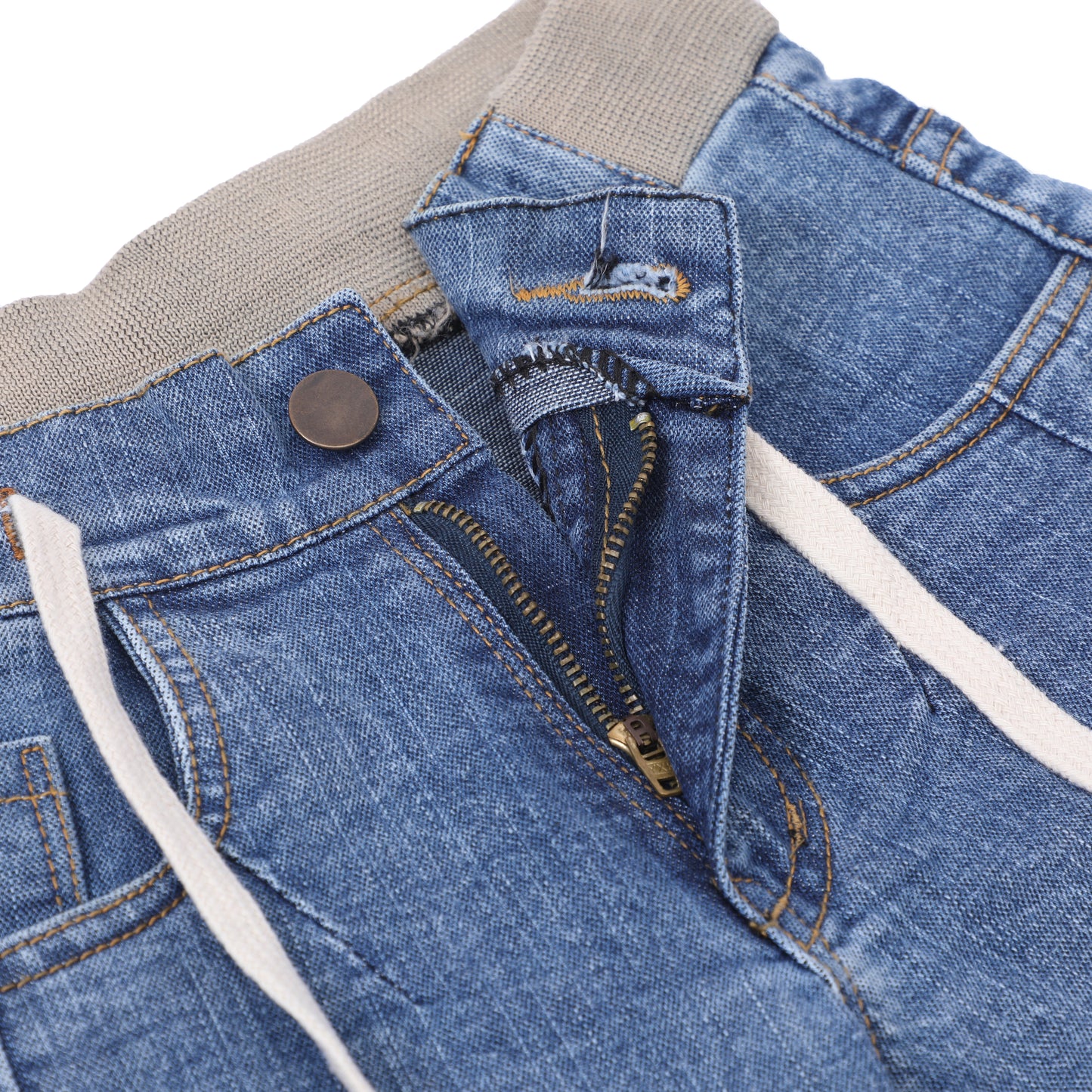 Chopper Club Boys Jeans | Slim Fit Premium Stretchable 3x1 Cotton Denim | Half Cotton Rib Elastic with Button, Zip & Drawstrings | Color - Half Rib Stone