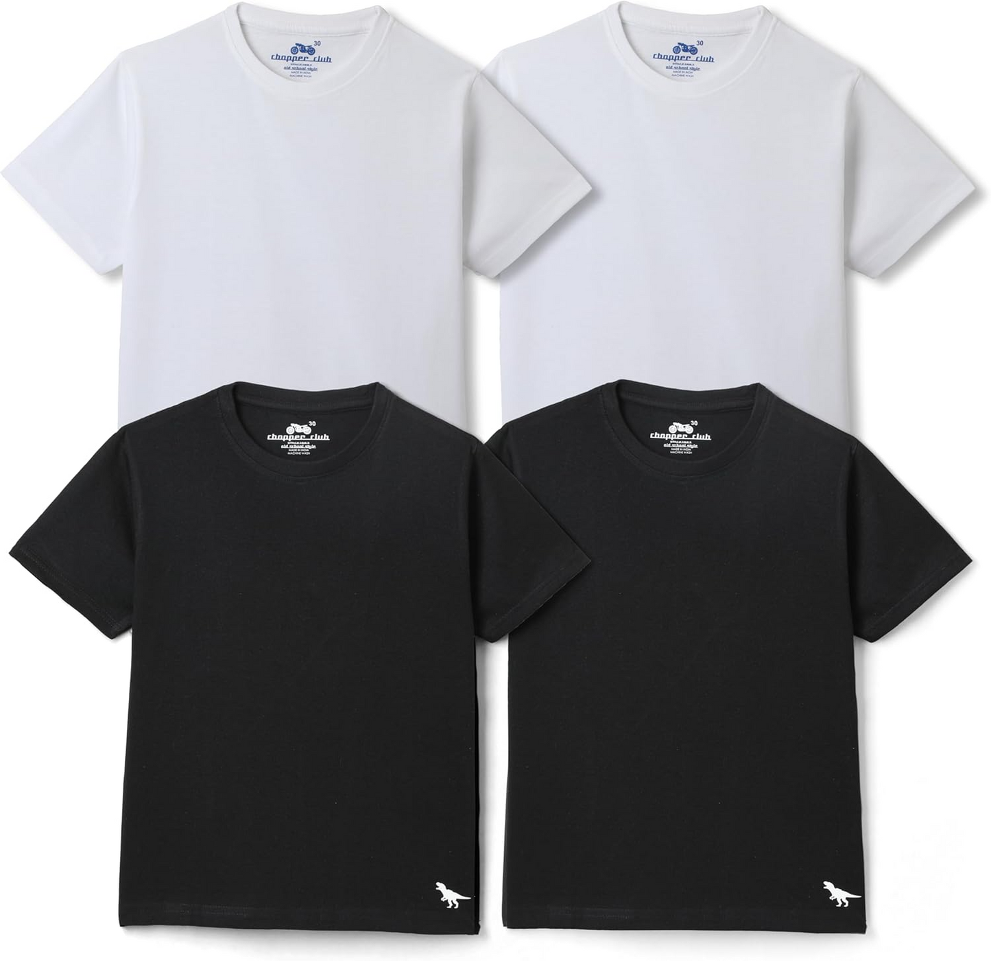 Chopper Club Boys T-Shirts Pack of 4 | Sustainable Jersey Fabric | Regular Fit Tees | Sizes 3–14 | Plain | 2 White & 2 Black