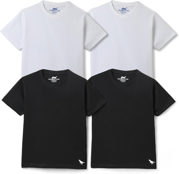 Chopper Club Boys T-Shirts Pack of 4 | Sustainable Jersey Fabric | Regular Fit Tees | Sizes 3–14 | Plain | 2 White & 2 Black
