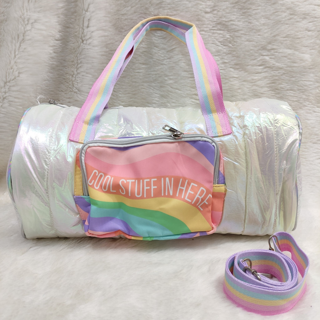 Kids Duffle Bag with Rainbow Design | Lightweight Travel & Sports Bag with “Cool Stuff In Here” Print | Shiny Green & Pastel Color Bag for Girls - Abito Kids