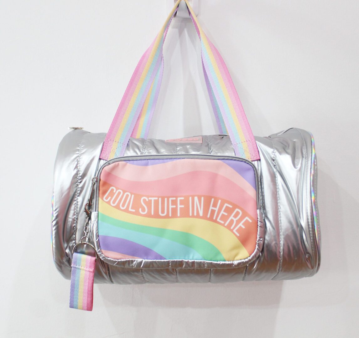Kids Duffle Bag with Rainbow Design | Lightweight Travel & Sports Bag with “Cool Stuff In Here” Print | Shiny Green & Pastel Color Bag for Girls - Abito Kids