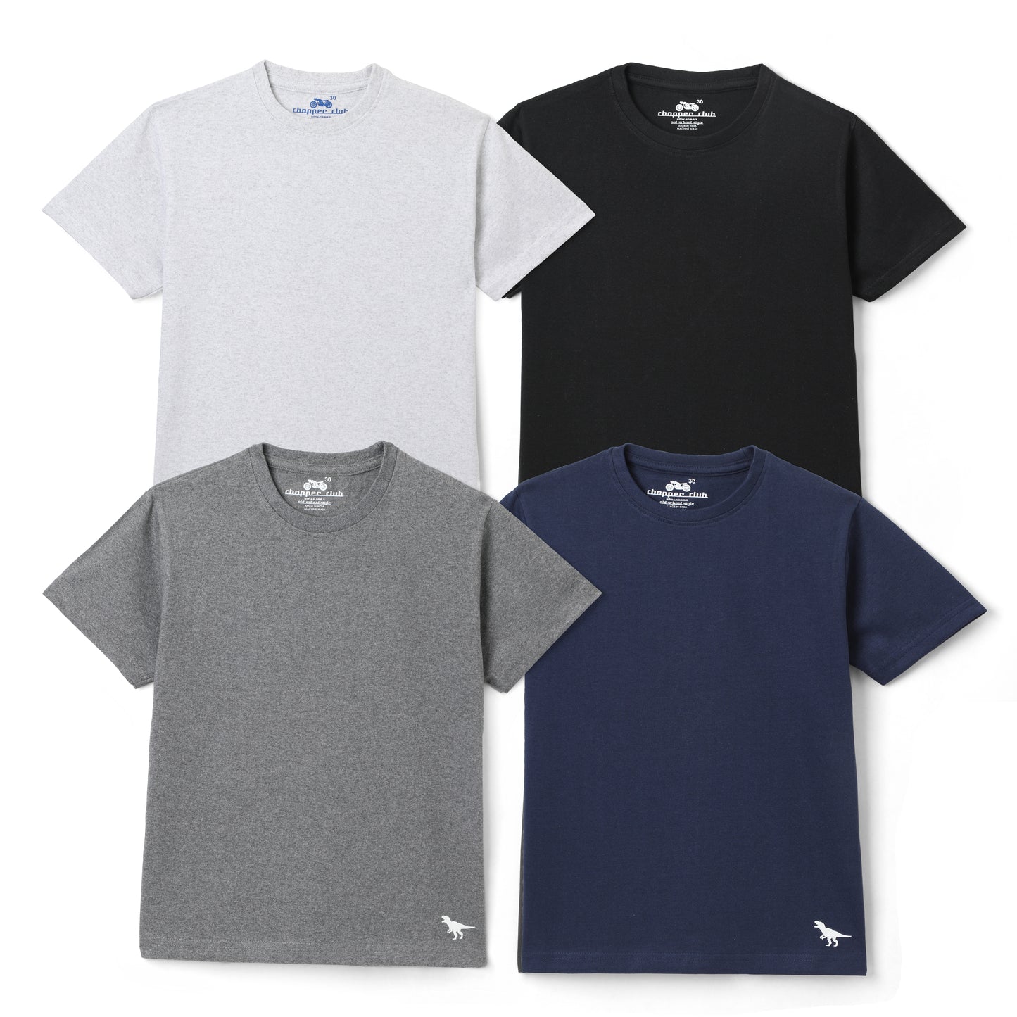 Chopper Club Boys T-Shirts Pack of 4 | Sustainable Jersey Fabric | Regular Fit Tees | Sizes 3–14 | Plain | Color - Black, White, Navy Blue & Ash